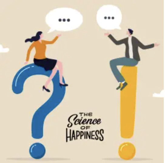 The Science of Happiness illustration of two people sitting on a question mark and an exclamation mark.